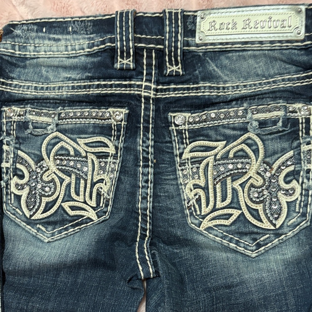 Rock Revival Women’s Dark Blue Bootcut Jeans with Embroidered Rhinestone Pockets